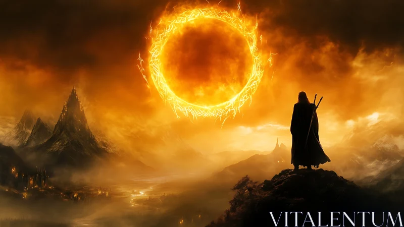 Lone wanderer beneath a blazing runic sun of fire.