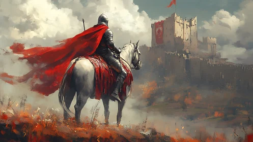 Lone armored knight surveying misty citadel at dusk.