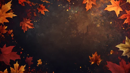 Autumn maple leaves frame around dark textured background.