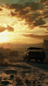 Rusty truck on desert road under dramatic sunset sky.