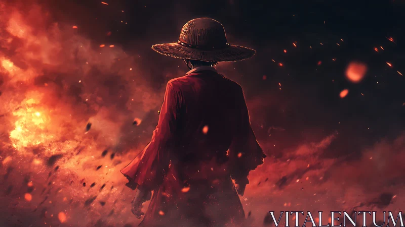 Straw hat figure in red coat walking through burning embers.