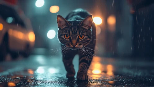 Tabby Feline with Luminous Eyes Navigating Nocturnal Urban Precipitation.