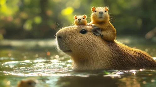 Capybara with pups rendered in soft-focus bokeh forest water