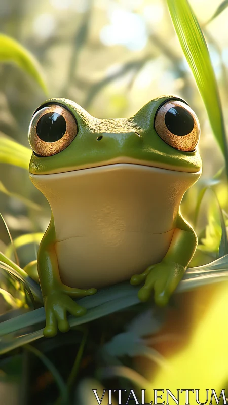 Sunlit frog philosopher perches on a blade of morning clarity