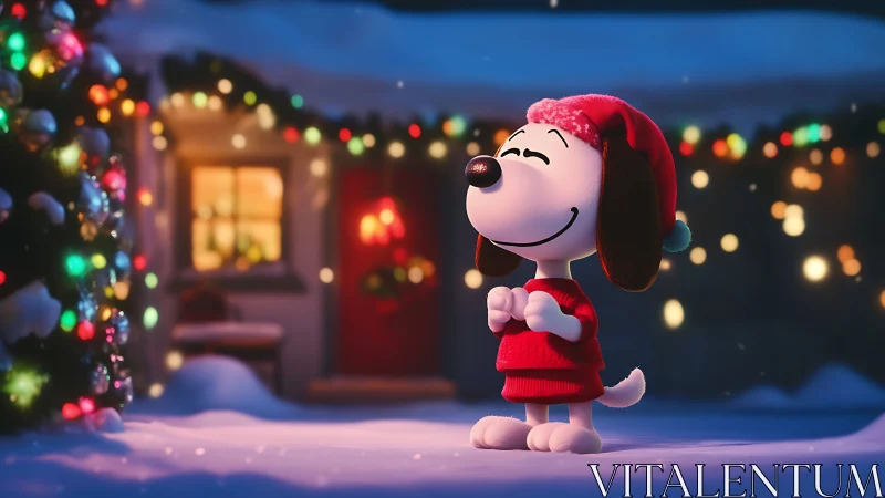 Smiling cartoon beagle in cozy snowy Christmas yard scene.