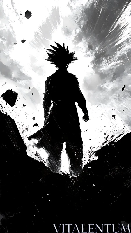 High-contrast anime silhouette framed by explosive radial debris