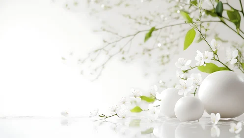 White ceramic spheres with delicate white blossom branches