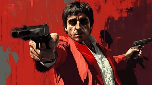 Man in red jacket aiming two pistols against red backdrop.