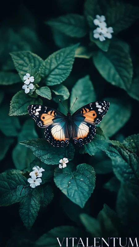 Butterfly with orange and black wings on dark green leaves.