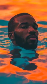 Man&rsquo;s head emerges from vivid orange and blue water