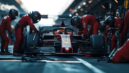 Formula 1 pit stop with red race car and crew in action.