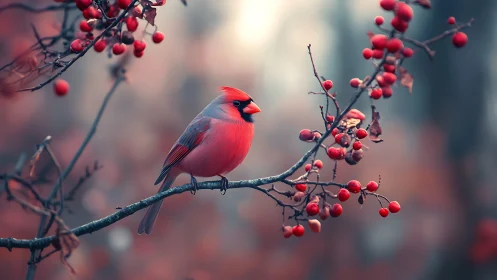 Vibrant cardinal perched on berry branch in soft dreamy light.