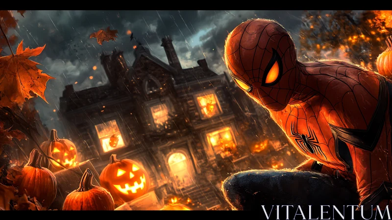 Digital painting of masked hero in Halloween gothic environment.