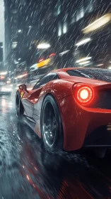 Aerodynamic supercar in nocturnal rain-soaked urban sprint.