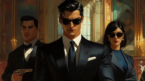 Three suited figures in sunglasses stand in lavish interior