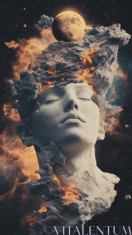 Celestial stone visage dreams beneath a blazing cosmic storm