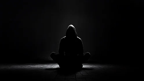 Hooded figure sits in darkness under narrow spotlight.