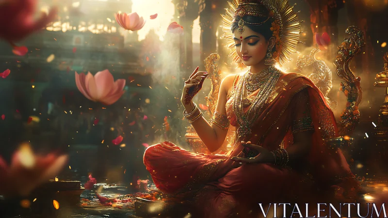 Seated goddess figure in ornate temple with floating petals.