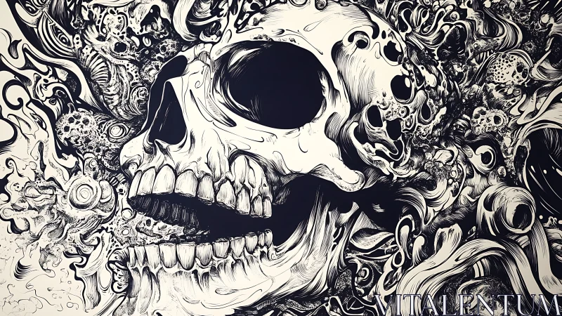 Monochrome skull engulfed by swirling organic chaos forms.