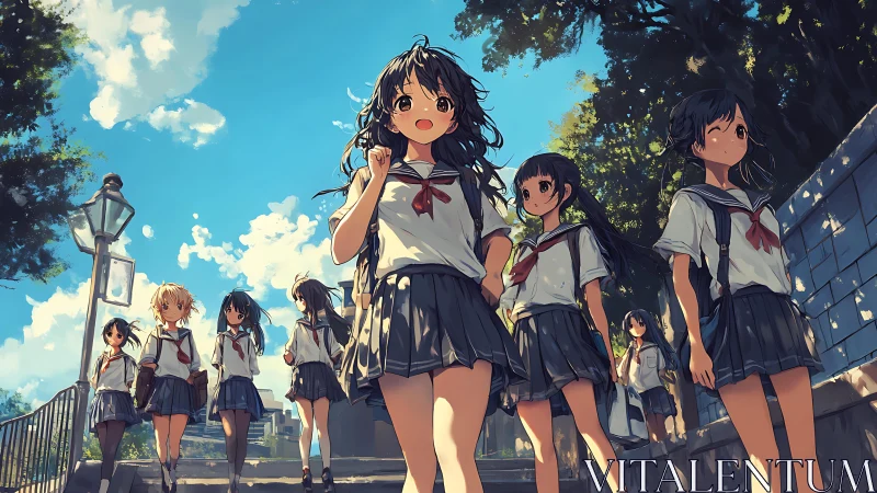 Group of students walks down sunlit outdoor stairway