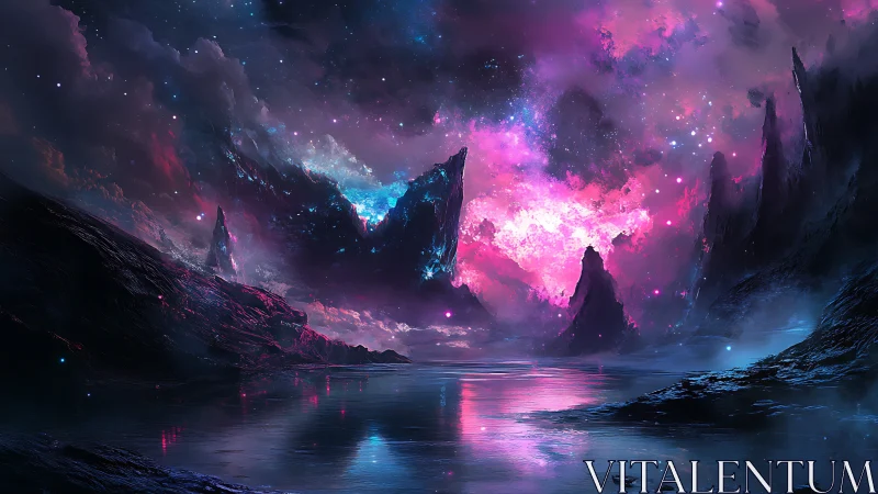 Alien shoreline under vivid magenta cosmic nebula sky.