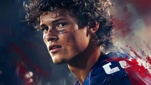 Digital portrait of young athlete in uniform, partial profile.