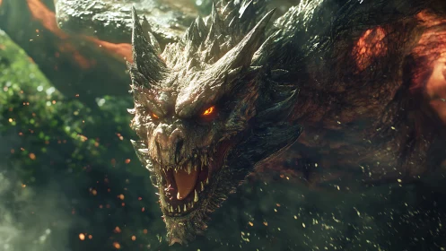 Ferocious dragon head with glowing eyes in forest scene.