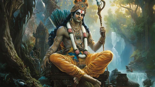 Divine warrior seated in lush forest before cascading waterfalls