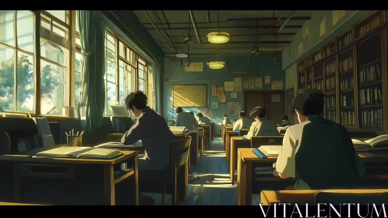 Sun-drenched study hush in a nostalgic anime classroom.