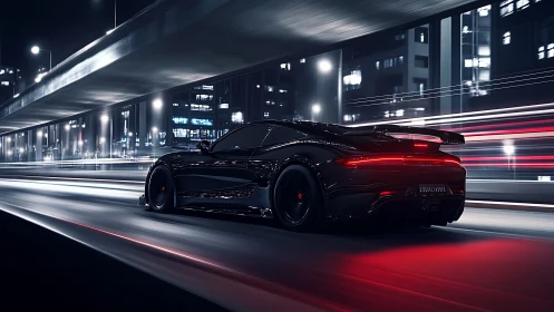 Midnight black supercar slices through neon city highway.