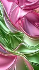 Iridescent pink and green metallic ribbons in fluid macro abstraction