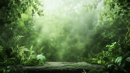 Forest pathway with vegetation and diffused light filtering through canopy.