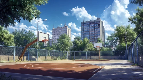 Sunlit urban basketball court rests beneath summer clouds.