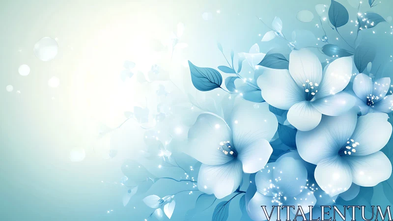 Ethereal Blue Floral Composition with Luminescent Bokeh and Gradient Atmospheric Effects.