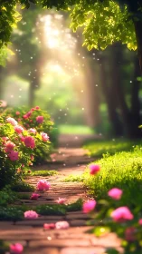 Sunlit garden path with pink flowers and soft background blur