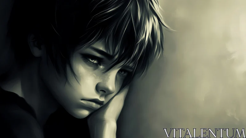 Melancholic digital portrait of a pensive young person.