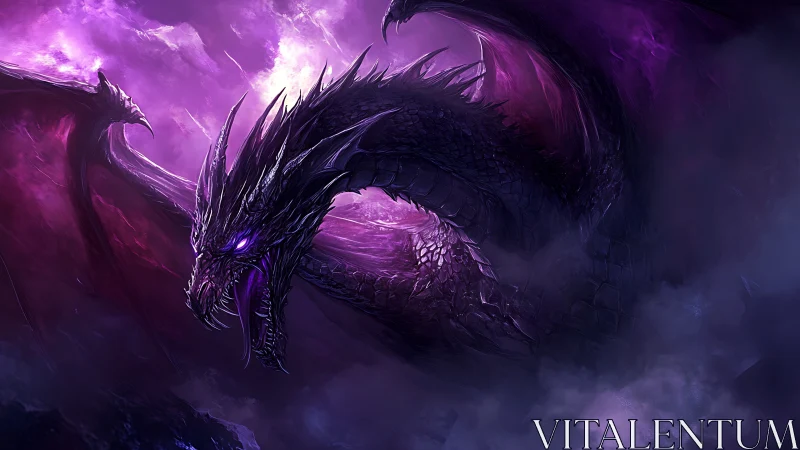 Obsidian dragon arcs through luminous violet storm clouds.