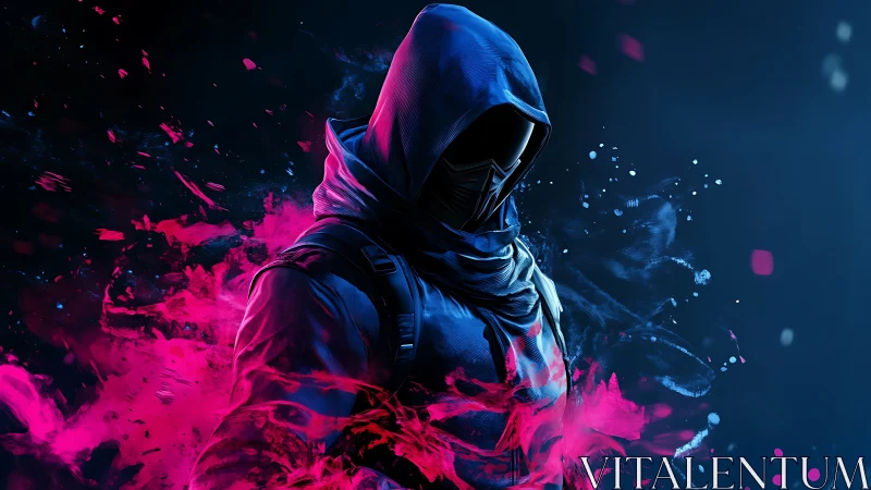 Hooded cyber warrior emerges amid neon magenta particle storm.