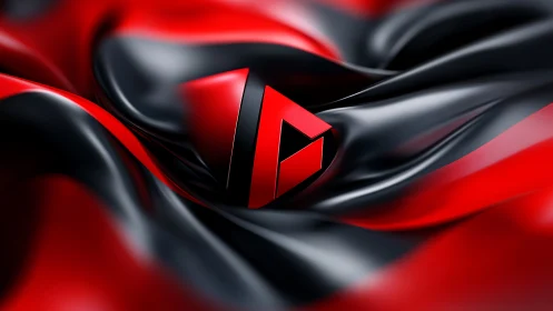 Red geometric logo rests on glossy black satin waves.