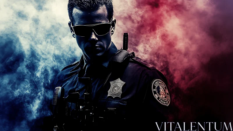 Tactical police officer portrait with red blue atmospheric smoke