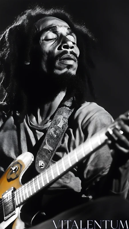 Soul-lit guitarist riding a monochrome wave of rhythm.