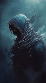Hooded wraith emerges through icy mist, eyes burning red.