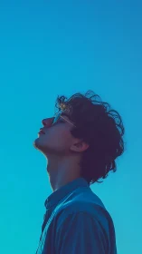 Side profile portrait under clear blue minimalist sky.