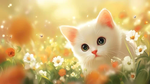 White kitten surrounded by blooming wildflowers in golden sunlight