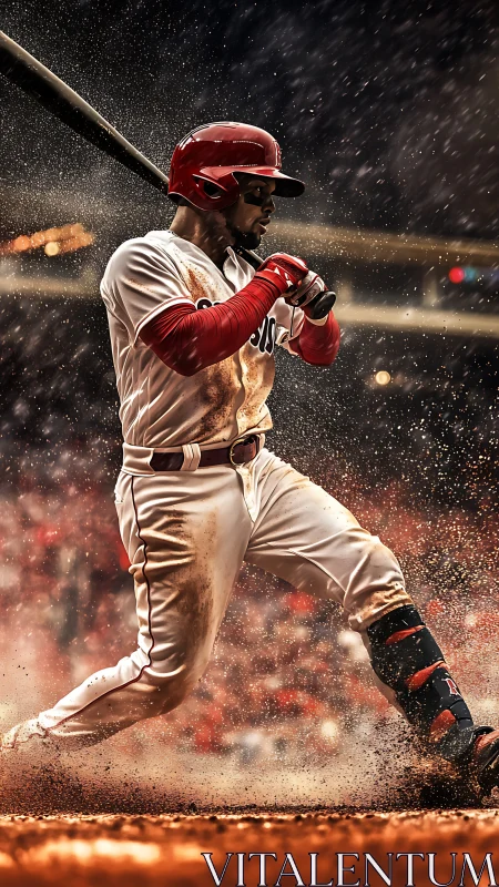 Baseball batter in red helmet swinging at home plate.