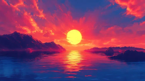 Vivid digital seascape sunset with glowing horizon sun.