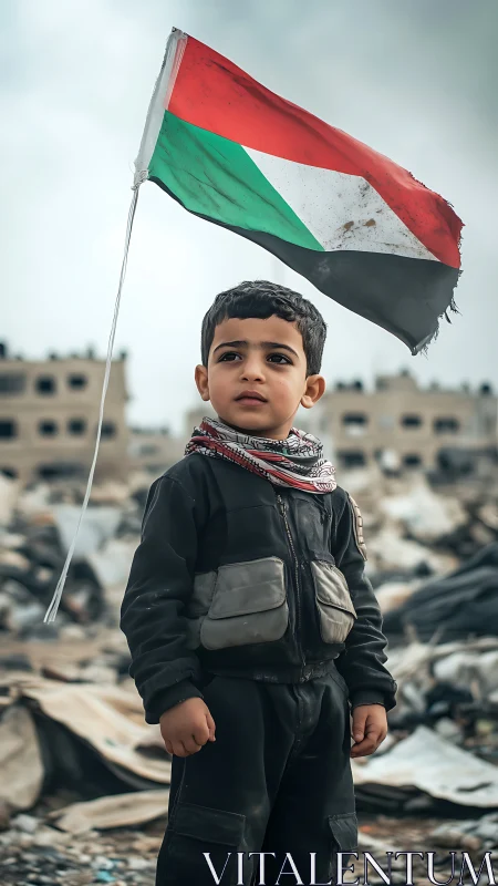 Young child holding weathered Sudanese flag amid urban destruction.
