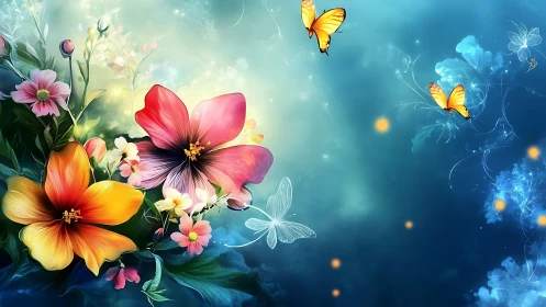 Floral arrangement with butterflies and luminescent background elements.