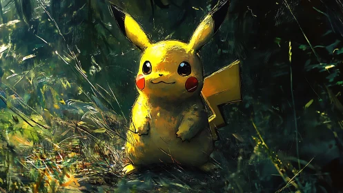 Forest-lit Pikachu in painterly textured wilderness scene.