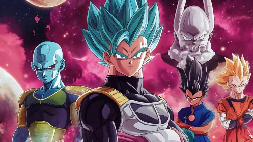 Five anime warriors posed against vivid cosmic sky.